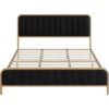 Queen Gold Metal Platform Bed Frame with Black Velvet Upholstered Headboard