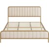 Queen size Gold Metal Platform Bed Frame with Off-White Upholstered Headboard