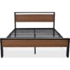 Queen Metal Platform Bed with Walnut Finish Wood Panel Headboard Footboard