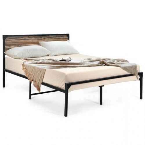 Rustic FarmHome Metal Wood Platform Bed Frame in Queen Size