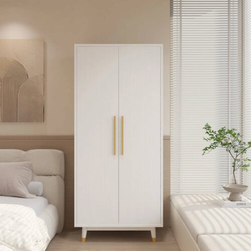 Mid-Century Modern 2-Door Bedroom Armoire Wardrobe Cabinet in White