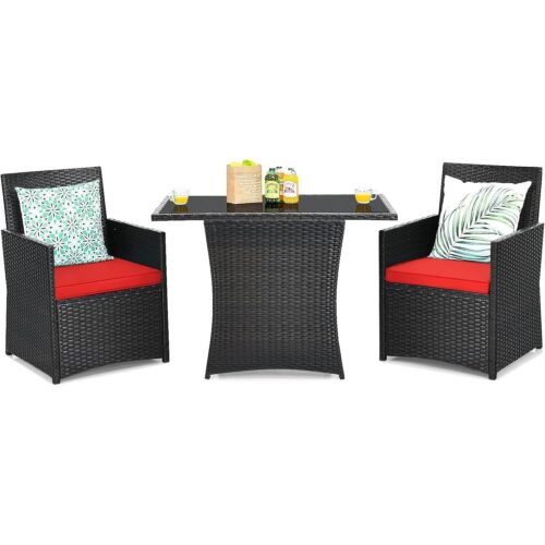 3-Piece Patio Furniture Outdoor Dining Set in Brown PE Rattan with Red Cushions