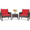 3-Piece Brown PE Rattan Outdoor Dining Patio Furniture Set with Red Cushions