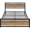 Full Metal Platform Bed Frame with Brown Wood Panel Headboard and Footboard