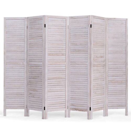 6-Panel Classic Louver Slatted Room Divider Screen in White Wood Finish