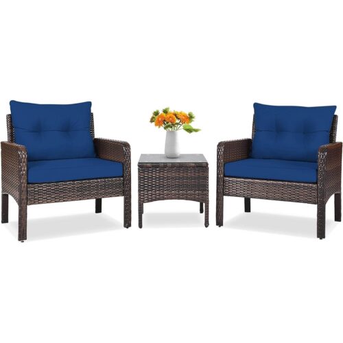 3-Piece Brown PE Rattan Outdoor Dining Patio Furniture Set with Blue Cushions