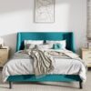 Full Size Turquoise Linen Blend Upholstered Platform Bed with Wingback Headboard