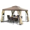 10 x 10 Ft Outdoor Patio Gazebo with Taupe Brown Canopy and Mesh Sidewalls