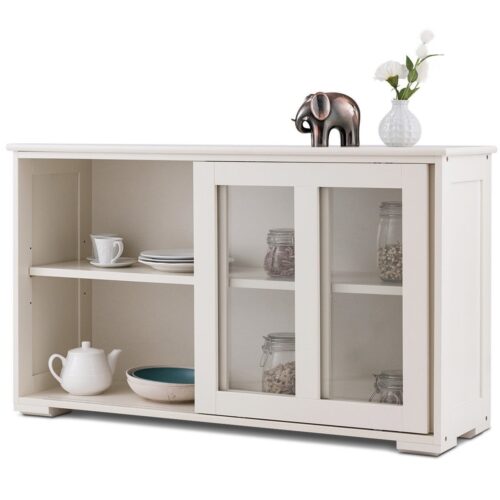 Modern Cream White Wood Buffet Sideboard Cabinet with Glass Sliding Door