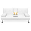 White Faux Leather Convertible Sofa Futon with 2 Cup Holders