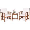 3-Piece Solid Wood Outdoor Patio Furniture Table Chairs Set with White Cushions