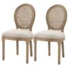 Set of 2 Vintage Upholstered Armless Rattan Back Dining Chairs Beige White