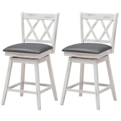 Set of 2 White Wood 24-in Counter Height Farmhouse Swivel Cushion Seat Barstools