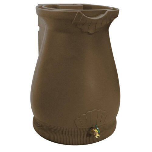 Brown Oak 65 Gallon Plastic Urn Rain Barrel with Planter Top