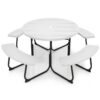 White Outdoor Metal and HDPE Picnic Table Bench Set with Umbrella Hole – Seats 8