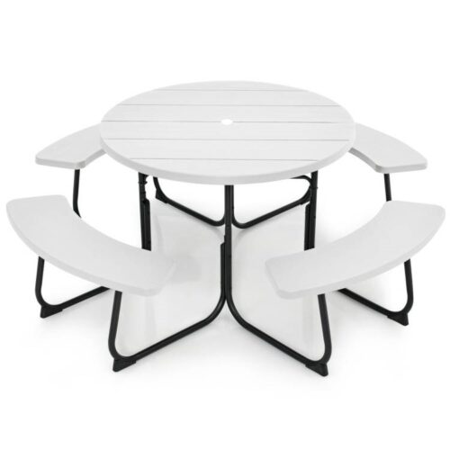 White Outdoor Metal and HDPE Picnic Table Bench Set with Umbrella Hole – Seats 8