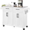 White Kitchen Cart Island with Stainless Steel Top 2 Drawers and Cabinet