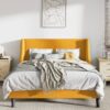 Full Size Yellow Linen Blend Upholstered Platform Bed with Wingback Headboard