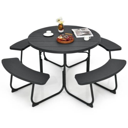 Black Outdoor Metal and HDPE Picnic Table Bench Set with Umbrella Hole – Seats 8