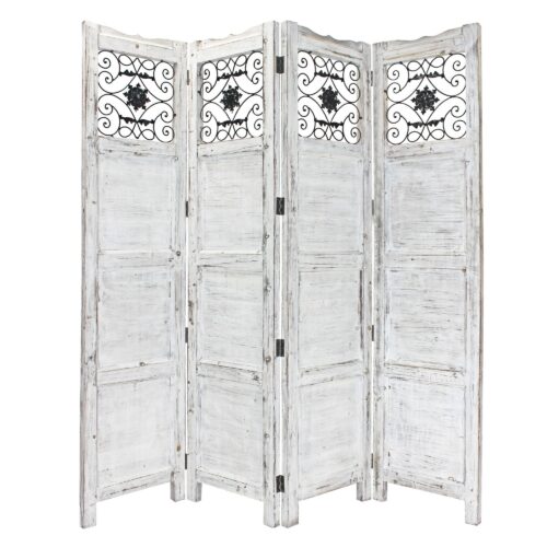 Gray Wash 4 Panel With Scroll Work Room Divider Screen