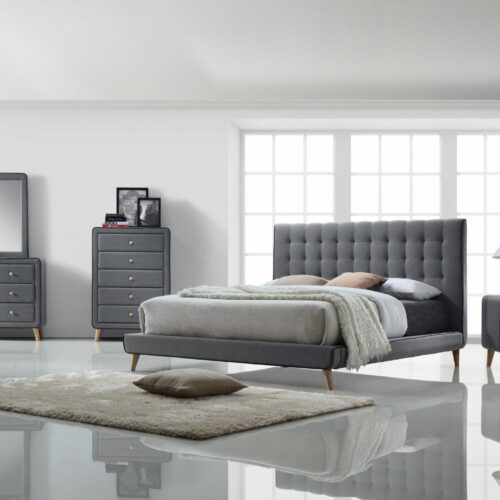 Tufted Light Gray Upholstered Linen Bed