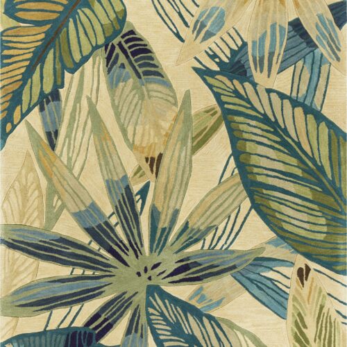 8’X10′ Ivory Teal Hand Tufted Tropical Leaves Indoor Area Rug