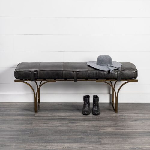 16″ Black And Antiqued Brass Upholstered Genuine Leather Bench