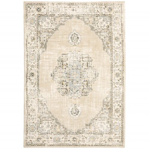 9’X12′ Beige And Ivory Center Jewel Area Rug