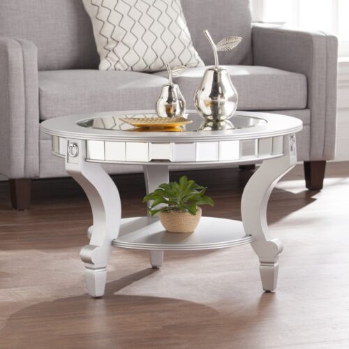 29″ Silver Mirrored And Metal Round Mirrored Coffee Table