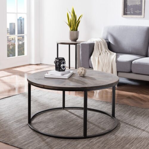 36″ Natural And Brown Reclaimed Wood And Metal Round Coffee Table