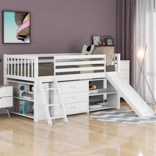 White Twin Loft Bed With Cabinet and Shelves