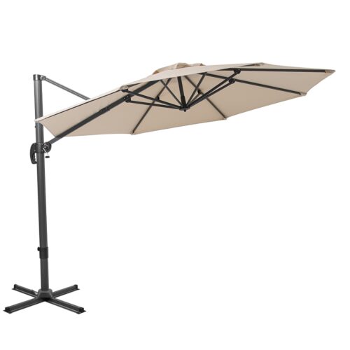 10′ Tan Polyester Round Tilt Cantilever Patio Umbrella With Stand