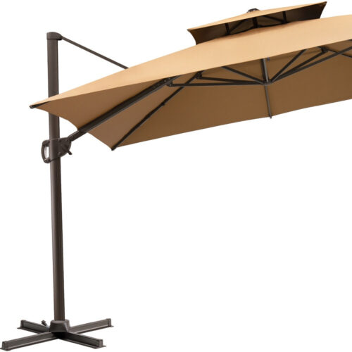 11′ Tan Polyester Round Tilt Cantilever Patio Umbrella With Stand