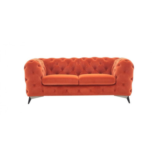 74″ Orange Tufted Velvet And Black Chesterfield Love Seat