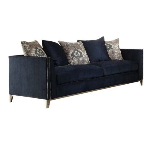 95″ Blue Velvet And Black Sofa With Five Toss Pillows