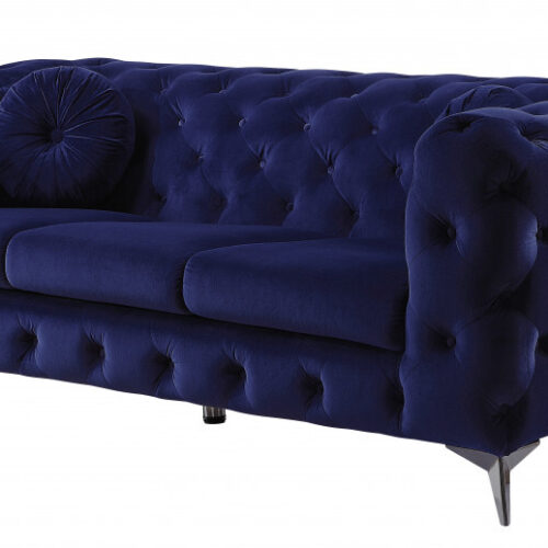 90″ Blue Velvet And Black Sofa