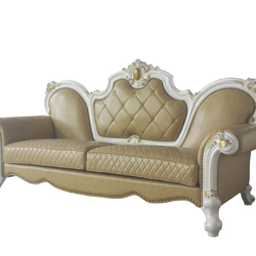 93″ Butterscotch Faux Leather And Pearl Sofa With Five Toss Pillows