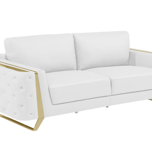 90″ White Italian Leather And Gold Sofa