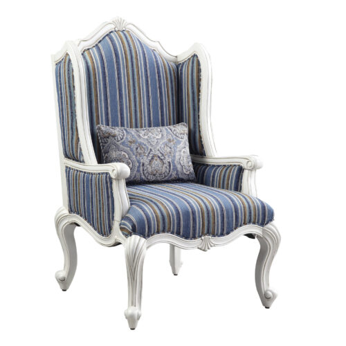 31″ Blue White And Brown Fabric And White Striped Wingback Chair