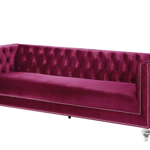 89″ Burgundy Velvet And Black Sofa With Two Toss Pillows