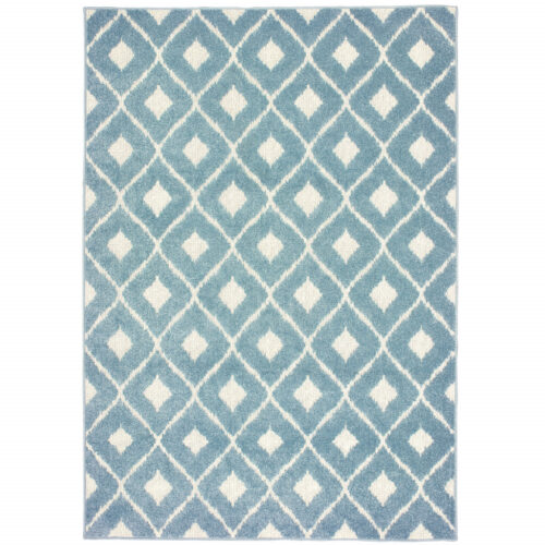 10′ x 13′ Blue and Ivory Geometric Stain Resistant Indoor Outdoor Area Rug