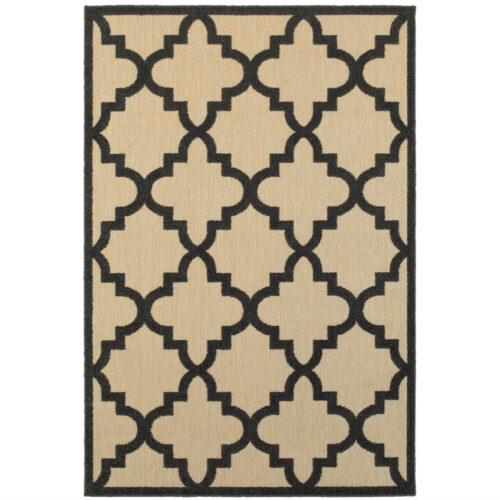 10′ x 13′ Beige and Black Geometric Stain Resistant Indoor Outdoor Area Rug