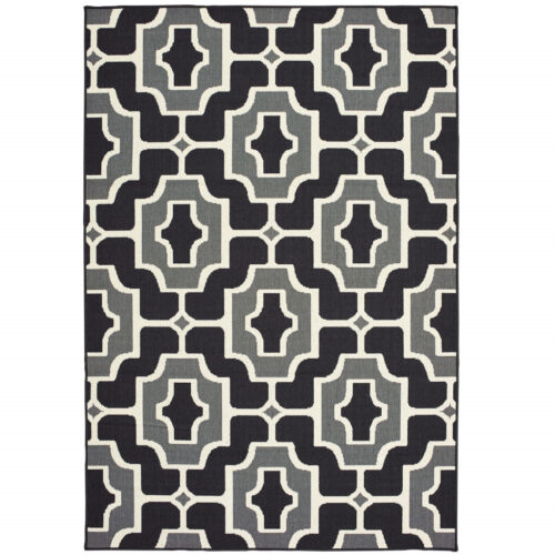 9′ X 13′ Black and Gray Geometric Stain Resistant Indoor Outdoor Area Rug