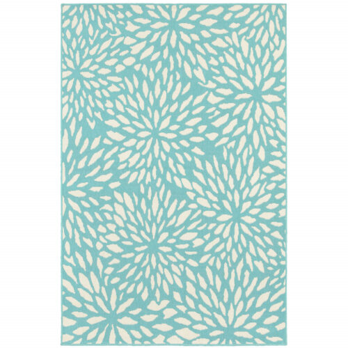 9′ X 13′ Blue and Ivory Floral Stain Resistant Indoor Outdoor Area Rug