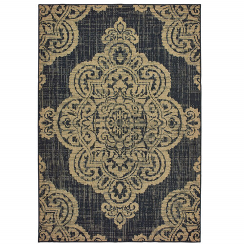 9′ X 13′ Black and Tan Oriental Stain Resistant Indoor Outdoor Area Rug