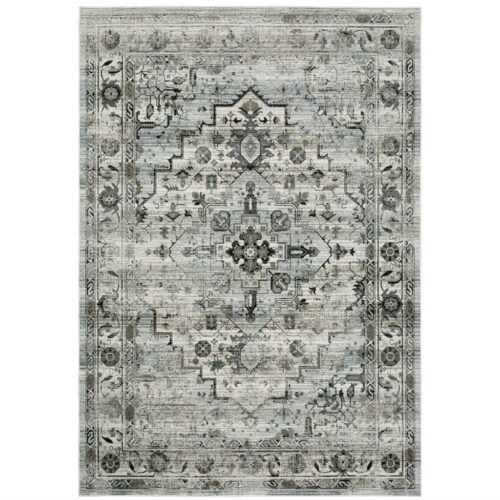 10′ X 13′ Ivory Grey Charcoal Blue And Taupe Oriental Power Loom Stain Resistant Area Rug