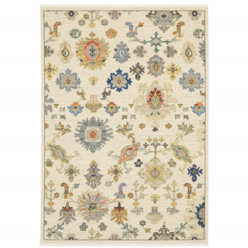 6′ X 9′ Ivory Beige Gold Grey Blue Pink Red Rust And Green Oriental Power Loom Stain Resistant Area Rug With Fringe