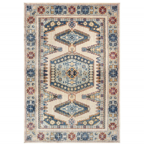 10′ X 13′ Ivory And Blue Oriental Power Loom Stain Resistant Area Rug