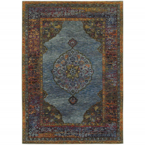 9′ X 12′ Blue Gold Green Red Orange And Purple Oriental Power Loom Stain Resistant Area Rug