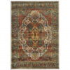 8′ X 11′ Red Gold Orange Green Ivory Rust And Blue Oriental Power Loom Stain Resistant Area Rug